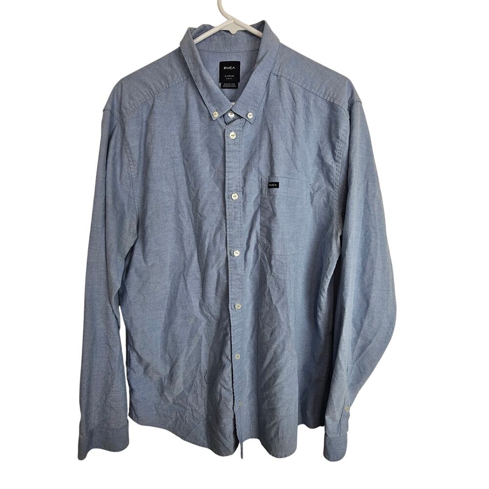 RVCA Mens Button Down Shirt Sz XL Slim Fit Skater Minimalist Grunge Cotton Blue